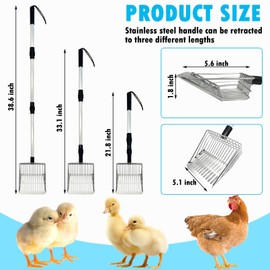 PINVNBY Stainless Steel Chicken Poop Scooper 3 in 1 Adjustable Long Handle Poop Scooper for Chicken(21.8" to 38.6") Multifunctional Chicken Coop Cleaning Tools Sifting Shovel Chicken Coop Accessories