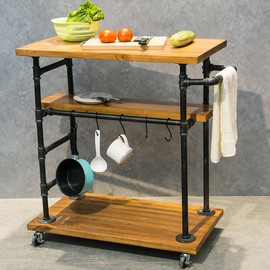 Industrial Portable Kitchen Island on Wheels,Bar Carts for the Home Wine Bar Beverage Coffee Cart,Metal Rolling kitchen carts and islands,Wood and Pipe 3-Tier Butcher Block Island Food Serving Cart