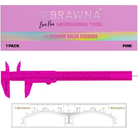 BRAWNA BRAWNA 1 Pc Brow Pro Measuring Tool with 1 Eyebrow Ruler Sticker - Double Scale Eyebrow Ruler for Microblading - Eyebrow Mapping - Caliper Vernier - PMU Supplies - Eyebrow Calipers Ruler Plastic- Pink