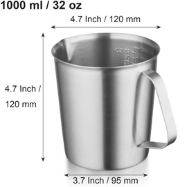 CURTA 18/8 Stainless Steel Measuring Cup with Handle and Pour Lip, Metal Pitcher with Oz and ML marking, 32 OZ/1000 ML- 4 Cup), Heavy-Duty Pitcher