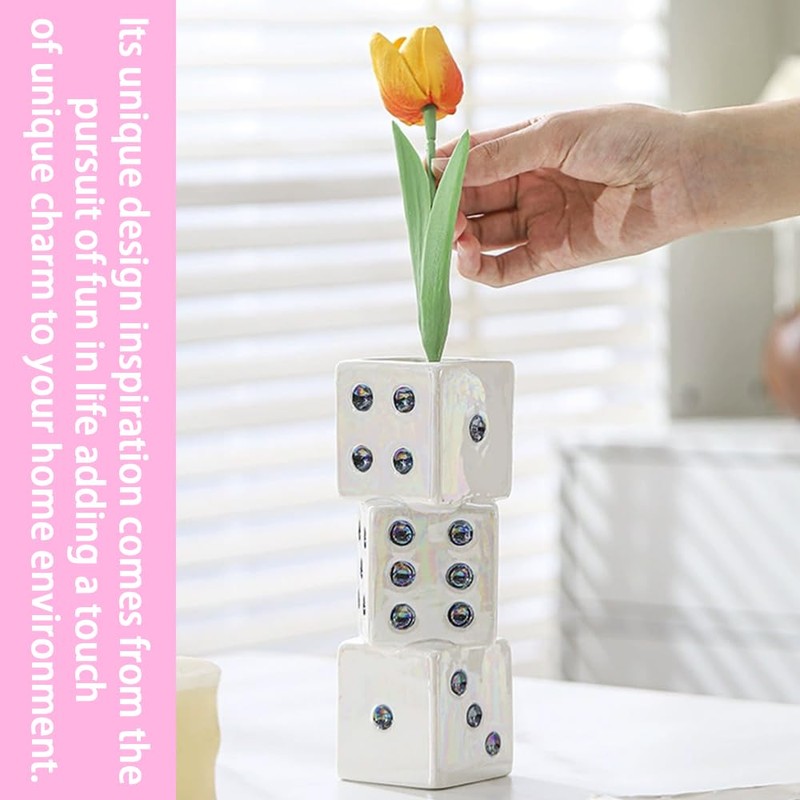 Ceramic Dice Vase,Unique Flower Vase,Retro Home Decor Bottle,Maximalist Planter,for Desk,