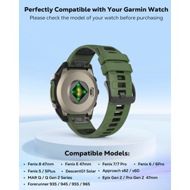 Astorgos 22 mm QuickFit Sports Band for Garmin Fenix 8/E 47 mm/Fenix 7/7 Pro/Fenix 6/6 Pro/Fenix 5/5 Plus/Forerunner 935 945 955 965, Breathable Replacement Strap, BlackButtons/MilitaryGreenBlack