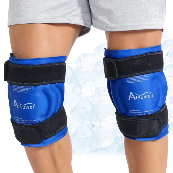 Atsuwell Knee Ice Pack for Injuries Reusable Gel Ice Pack for Knee Wrap Cold Compression Therapy, Knee Pain Relief for Injury, Swelling and Post-Surgery Recovery, Soft Plush Lining - 2 Packs