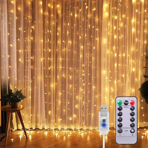 Cortina de Luces LED con Gancho, E T EASYTAO 3Mx3M 300LEDS Impermeable Iluminación, 8 Modos de Luces con Control Remoto, Cadena de Luces, Decoración para Dormitorio, Fiestas, Navidad(blanco calido)