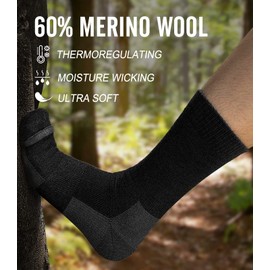 HIYATO Merino Wandersocken Herren & Damen 3 Paar - Gepolstert, 60% Merinowolle Thermosocken, Wintersocken - für Trekking, Outdoor und Sport (43-46, 3 Paar | Schwarz)