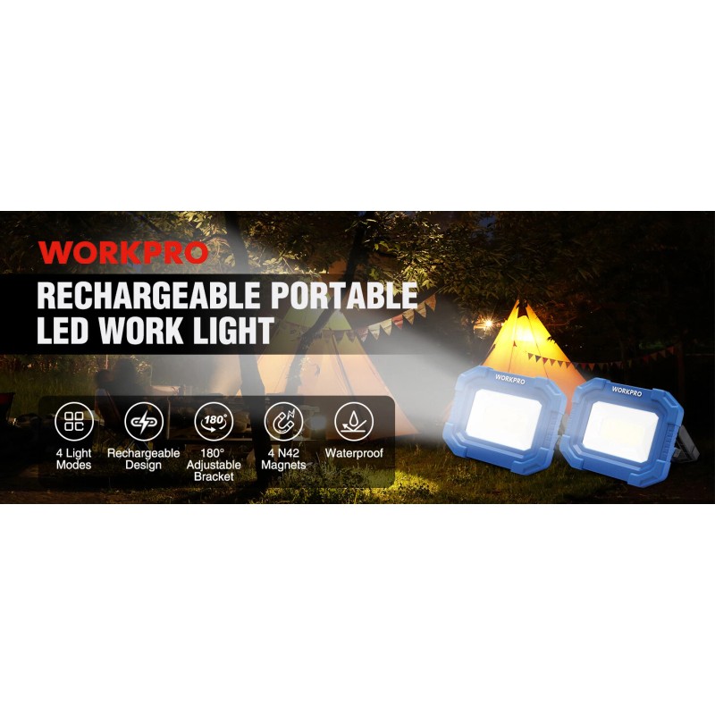 WORKPRO 2PC 2000LM Rechargeable LED Work Light Magnetic Work Light