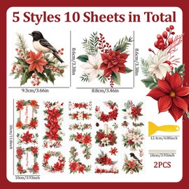 WANDIC 10 Sheets Christmas Flowers Letter Rub on Transfer Stickers, Waterproof Decals for Home DIY Crafts Present Bouquet Decoration, 10 * 30cm