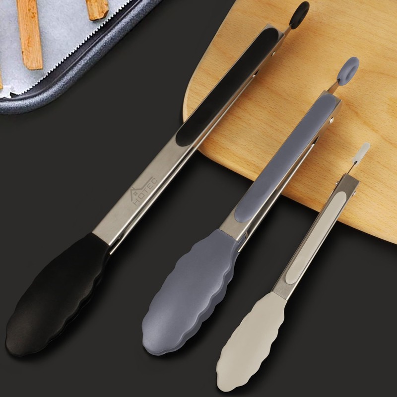 HOTEC Premium Stainless Steel Locking Kitchen Tongs with Silicon Tips,