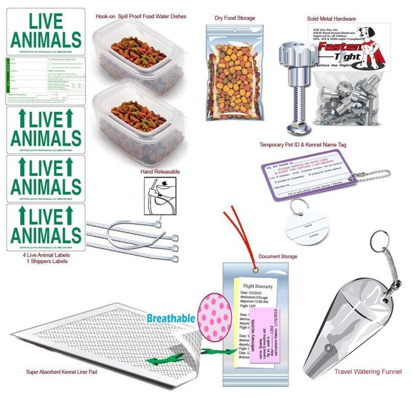 Complete - LG Deluxe Pet Airline Travel Kit with Pad, Dishes, Live Animal Labels, Water Funnel, Metal Nut Bolts, Name tag, Travel Document Holder