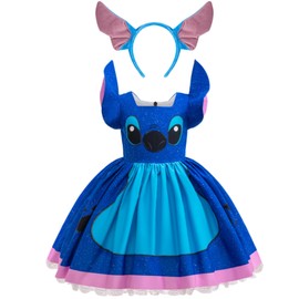 Tangsenyu Hawaiian Lilo Costume for Kids Girls Blue Birthday Party Tutu Dress