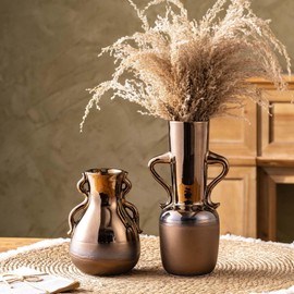 Gold Ceramic Vase with Handles, Brown Rustic Farmhouse Vintage Flower Vases Home Decor, Modern Amber Tall Centerpiece Floral Large Vases for Living Room, Bedroom, Office Metal Glaze Finish 11 Inch