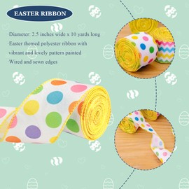 Easter Wired Edge Ribbon, Spring Pastel Polka Dots Ribbon Rainbow Dotted Ribbon for Happy Easter Baby Shower Home Decor DIY Crafts Wreath Gifts Wrapping, 2.5" x 10 Yards, Yellow Edge