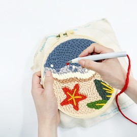 Zhenqing Summer Beach Punch Needle Kit – 29x29cm Embroidery Cloth with Seashells, Starfish & Greenery – Vibrant Coastal Home Decor Craft Set(Z95111C)