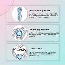 Sterling Silver 925 March Birthstone Charm Pendant for women Heart-shape Garnet Crystal Jewelry For European Style Bracelets and Necklaces