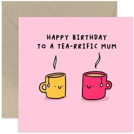 Old English Co. Cute Mum Birthday Card for Her - Fun Tea Pun 'Tea-rrific' Birthday Card for Mum - Birthday Gifts for Women - Hilarious Colourful Birthday Card for Her | Blank Inside