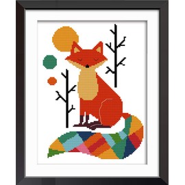 YEESAM Art Cross Stitch Kits Stamped for Adults Beginner Kids, Fox Seven Color Tail 11CT 28×38cm DIY Embroidery Needlework Kit with Easy Funny Preprinted Patterns Needlepoint Christmas (Fox)