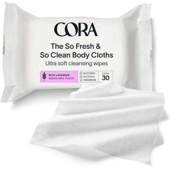 Cora Body Cloths | Cleansing Wipes | Lavender Scent | All Over Refresh | Intimate Areas | Moisturizing and Hydrating | pH Balance | Soothing Aloe | Pouch | Packaging May Vary (30 Count)
