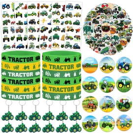 Pack of 98 Tractor Party Favours Tractor Theme Birthday Party Accessories Decorations Tractor Rubber Bracelet Key Ring Button Pin Tractor Sticker for Children Farm Animal Theme Party