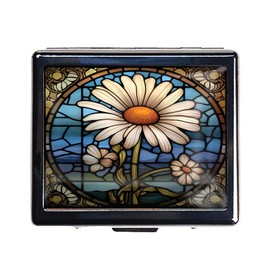 HowGuu 7 Days Chromed Shiny Silver Pill Organizer with Mirror Inside Has 8 Separate Compartments Rectangle 7 Days Pill Box Pill Case (Daisy Stained Glass)