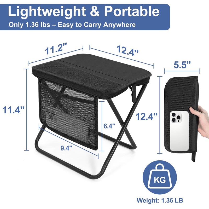 Portable Folding Camp Stool with Side Pocket, Lightweight Foldable Camping