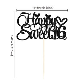 Decoración para tartas de 16 cumpleaños con purpurina para 16 años, para fiestas de cumpleaños de 16 años, color negro