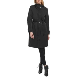Kenneth Cole Women's Belted Sleeker Midweight Coat with Attached Hood, Black