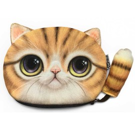 Big Eyed Brown Cat Wallet with a Tail | Lovely Kitty Head Purse with a Tail | Zipper Closure Coin Wallet