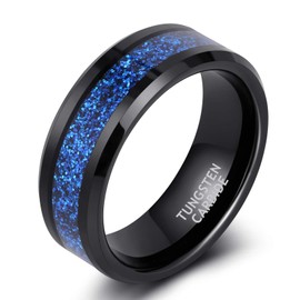 TRUMIUM Black Tungsten Rings for Men Women 8mm Blue Sandstone Inaly Polished Engagement Band Ring Beveled Edge Comfort Fit Size 10