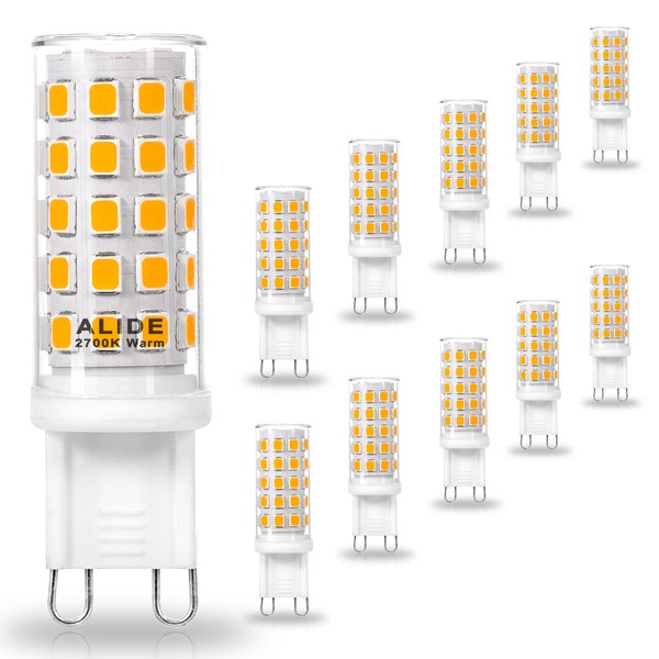 ALIDE G9 Led Bulbs 5W Replace 50 Watt-60 Watt Halogen Equivalent,2700K Soft Warm White, AC120V T4 G9 Bi-pin Led Bulbs for Chandelier Lighting,550LM,10Pack (Non-dimmable)