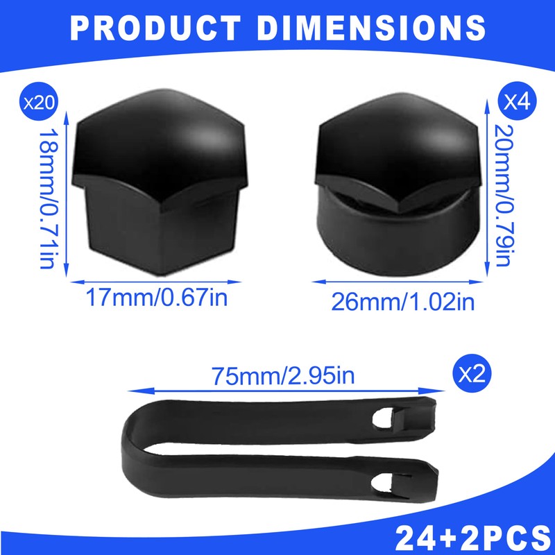 24 Pcs 17mm Wheel Nut Covers (20 Standard & 4