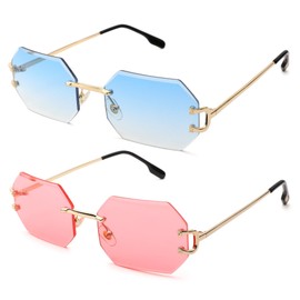 Hycredi Rimless Sunglasses for Men Women - Octagon Frameless Sun Glasses Black Shade Polygon Tinted Eyewear-Blue+Pink