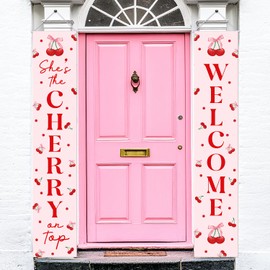 She's the Cherry on Top Decorations Cherry Welcome Porch Sign Banner Cherry Door Banner Cherry on Top Baby Shower Decor for Girls Baby Shower Birthday Party Indoor Outside Front Door Party Decor