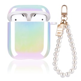 CameCosy Glitter Case for AirPods 1/2 Laser with Pearl Bracelet Keychain, Cute Colorful Bling Rainbow Design Women Girls Soft TPU Shockproof Protective Cover for Airpods 2nd Generation-Pearl White