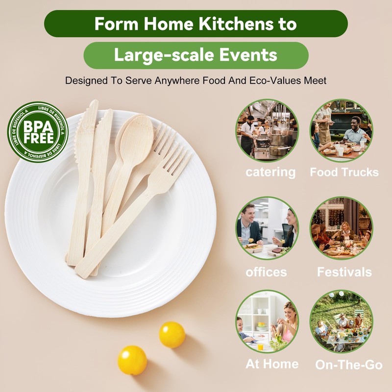 100% Bamboo Cutlery 120 Pack Set Disposable Compostable Utensils With