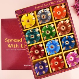SATVIK 12 Pc Multicolor Clay Diya Terracotta Dia Traditional Puja Vilakku Oil Lamp Natural Mitti Diya Tea Light Welcome Diwali Deepawali Navratri Pooja Décorations Indian Housewarming Return Gift Item