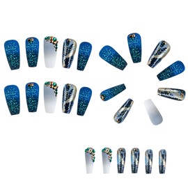 Press on Nails Long Ballet Shaped Blue Gradient French False Nails Artificial Acrylic Nails Glitter Rhinestones Marbling Design Fake Nails Full Cover Reusable Coffin Nails Glue on Nails for Women