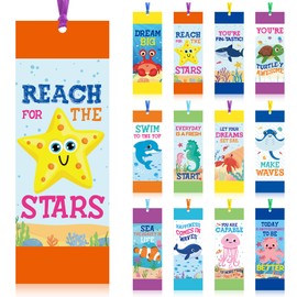 Jetec 80 Pcs Under The Sea Bookmark Inspirational Ocean Animals Fish Turtle Bookmark with Ribbon Motivational Sea Life Page Clips for Summer Classroom Back to School Gifts