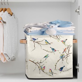 Cube Organizer Bins Retro Bird Collapsible Storage Box Baskets 13"x 13" with Leather Handles for Nursery, Home, Kids Room, Closet Shelf Clothes Toys Storage