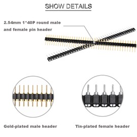 DKARDU 20 pcs Round Male and Female Pin Header 2.54mm 0.1inch Female/Male pins Straight Single Row Assortment Kit 1 * 40P Gold Plated Male tinned Female pin Header for Circuit Board DIY