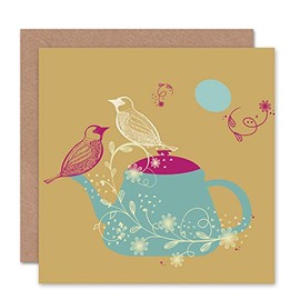 TEAPOT TEA BIRDS FLORAL DECORATIVE CUTE BLANK GREETINGS BIRTHDAY CARD ART