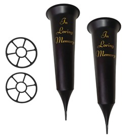 Set of 2 In Loving Memory Grave Vases -Strong Plastic Grave Ornaments in Black Colour, Grave Side Flower Holders and grave vases with spike for Fresh or Artificial Flowers.