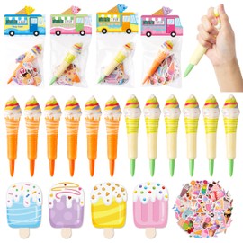 B1ykin Squeeze Pens Stationery Gift,12Pcs Stress Relief Party Gift with Sticky Note Stickers, Cute Sponge Pens Set Party Goodie Bag Fillers for School Kids Student Classroom（Ice Cream）