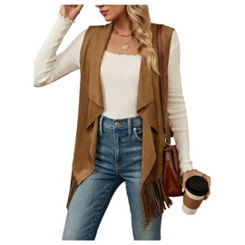 Verdusa Women's Fringe Vest 70s Hippie Sleeveless Western Faux Suede Cardigan Outerwear Brown Large