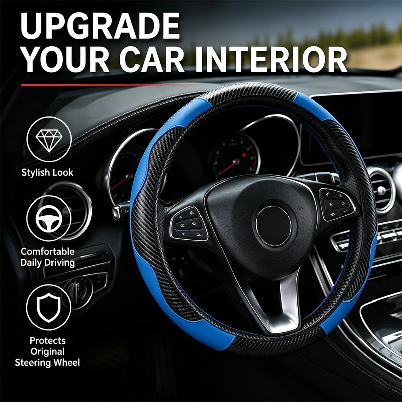 Alieemo Car Steering Wheel Cover, 15 inch Microfiber PU Leather
