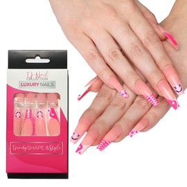 TJ Nail Collection - Press on Nails Long, Fake Nails for Women, 24 Piece Acrylic Nail Kit with Glue, Glue Stickers, Nail File & Cuticle Stick (Pink Smiley Face)