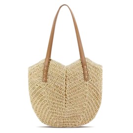 Apradas Straw Beach Bag for Women, Summer Straw Tote Bag Handbag with Zip Leather Handles, Retro Handmade Boho Casual Woven Travel Holiday Shoulder Bags for Beach (Beige)