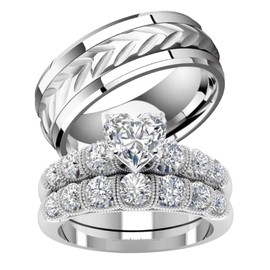 TWO RINGS Wedding Ring Sets His And Hers Promise Ring Couples Bridal Sets Women 925 Sterling Silver Heart Cz Man Wedding Bands