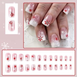 ONPRESS 24Pcs Christmas Press on Nails Medium Square Fake Nails Red White Snowflake Rhinestones Design False Nails Xmas Glue on Nails Glitter French Tip Christmas Winter Acrylic Nail for Women