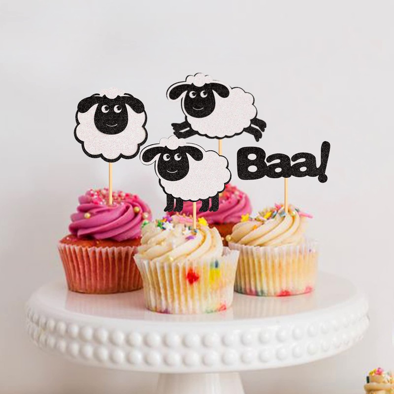 Ercadio 24 Pack Sheep Cupcake toppers Black Glitter Farm Animals