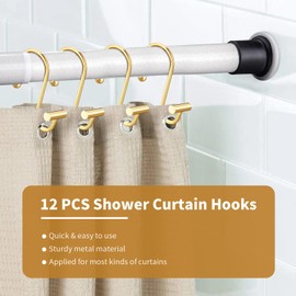 Gold Shower Curtain Hooks, Rust Proof Shower Curtain Rings for Bathroom,Chrome T-Bar Metal Decorative Shower Curtain Hooks Hangers for Shower Curtain Rodo (12Pcs)